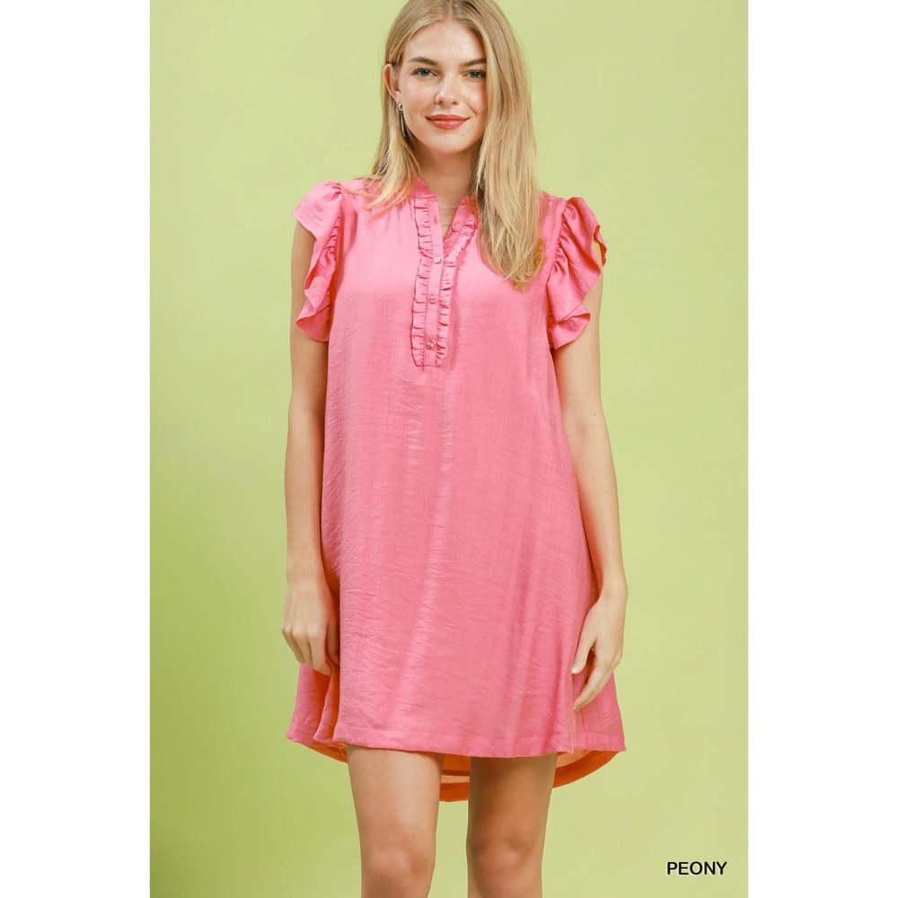 Umgee Ruffle Sleeve Henley Shift Dress - Peony - Small